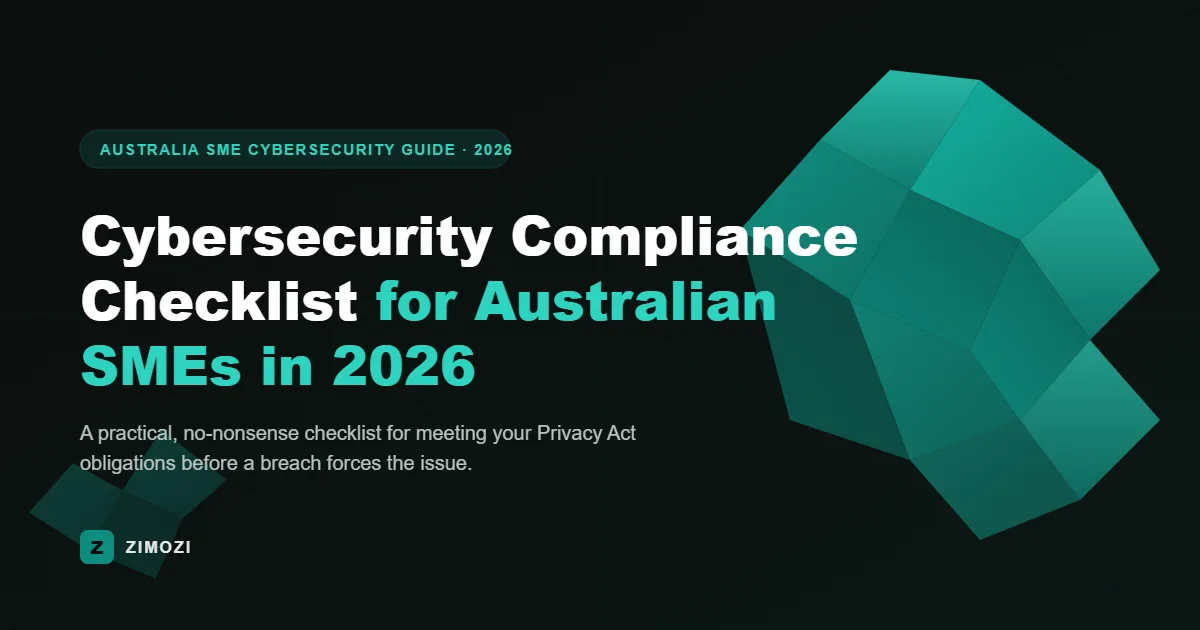 Cybersecurity compliance checklist Australia 2026 graphic with teal geometric crystal background